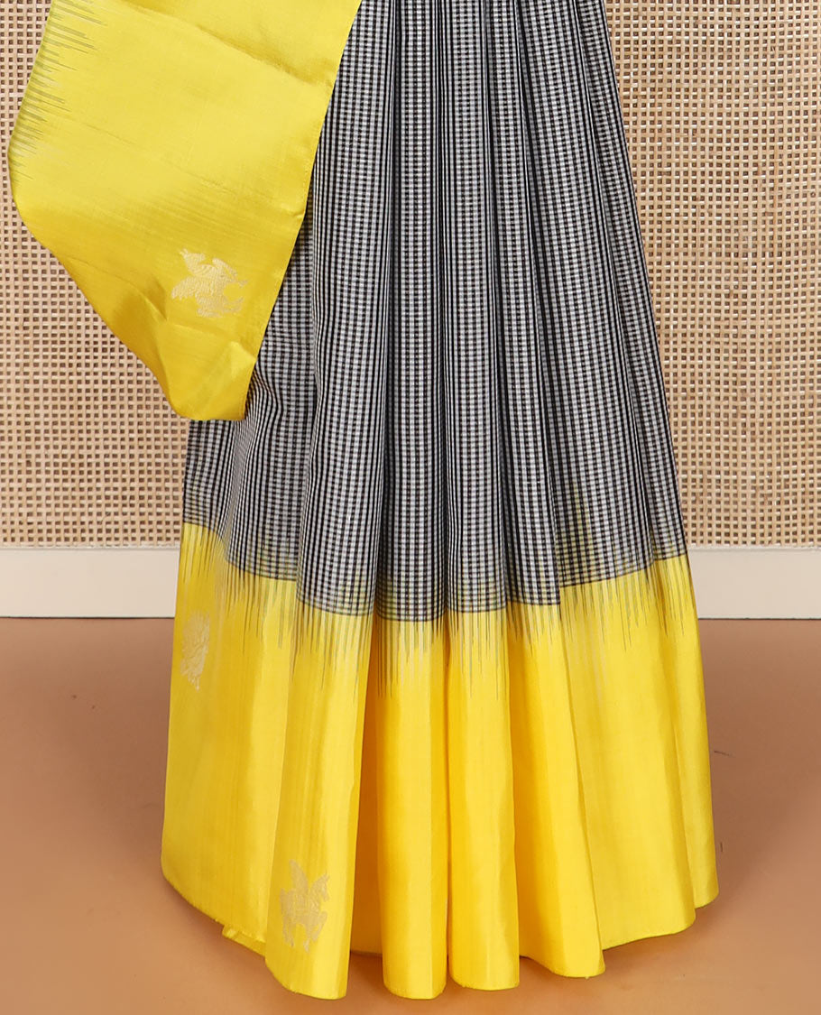 Multi-color micro-checked Kanchipuram silk saree, contrast border of animal motifs, and pallu of floral creeper designs