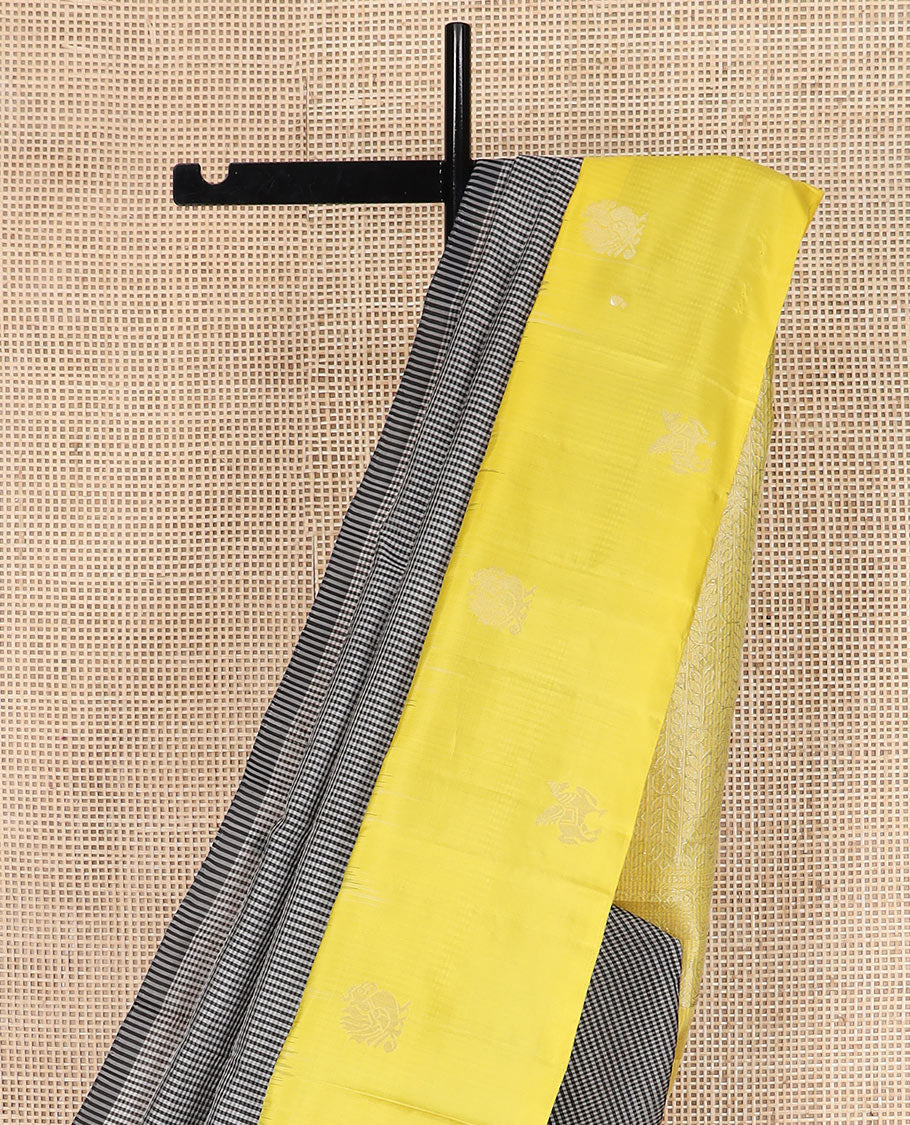 Multi-color micro-checked Kanchipuram silk saree, contrast border of animal motifs, and pallu of floral creeper designs