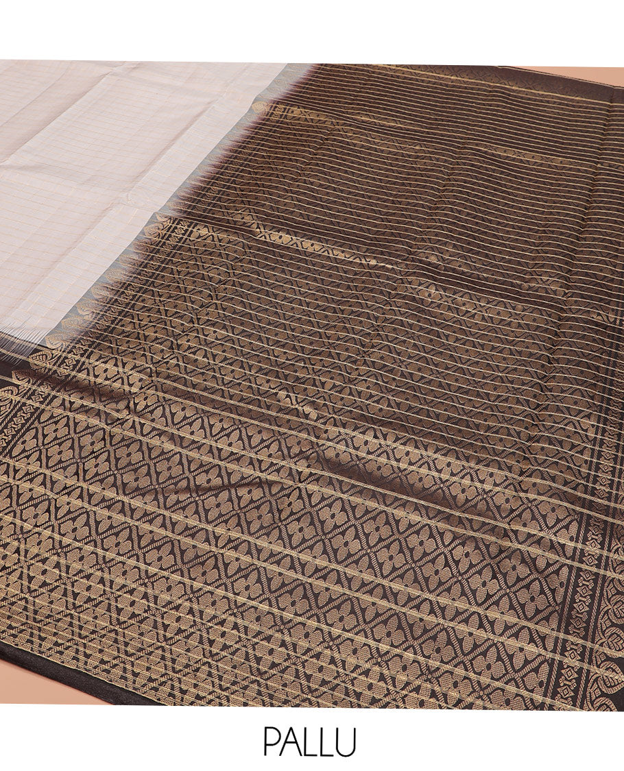 White Kanchipuram Silk Saree Decorated with Stripes All Over Its Body, Complemented by a Contrast Border of Muthu Kattam and Annam Buttas, Pallu of Jaal Design, and Paired with a Contrast Blouse