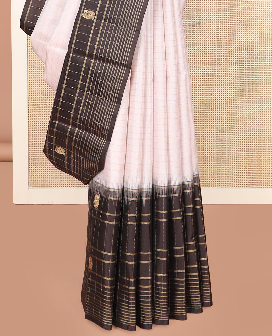 White Kanchipuram Silk Saree Decorated with Stripes All Over Its Body, Complemented by a Contrast Border of Muthu Kattam and Annam Buttas, Pallu of Jaal Design, and Paired with a Contrast Blouse