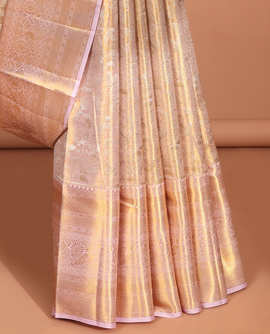 Lavender floral vine design kancheepuram tissue silk saree, self border of mayil, banaras, poo chakram design & intricate zari pallu