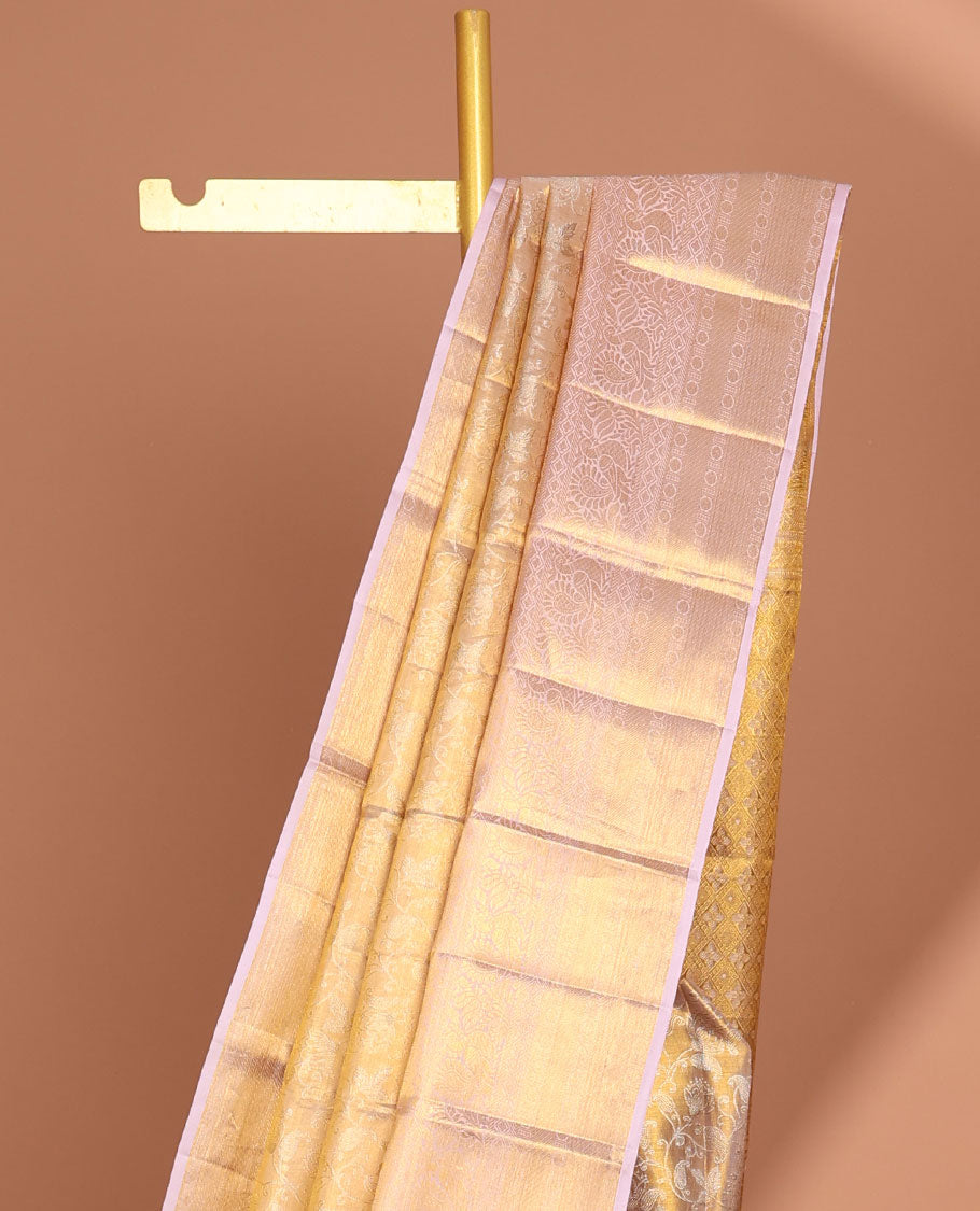 Lavender floral vine design kancheepuram tissue silk saree, self border of mayil, banaras, poo chakram design & intricate zari pallu