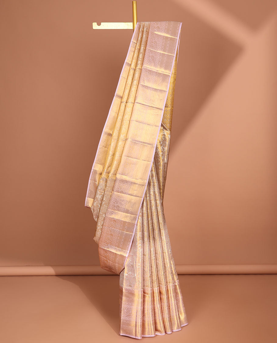 Lavender floral vine design kancheepuram tissue silk saree, self border of mayil, banaras, poo chakram design & intricate zari pallu