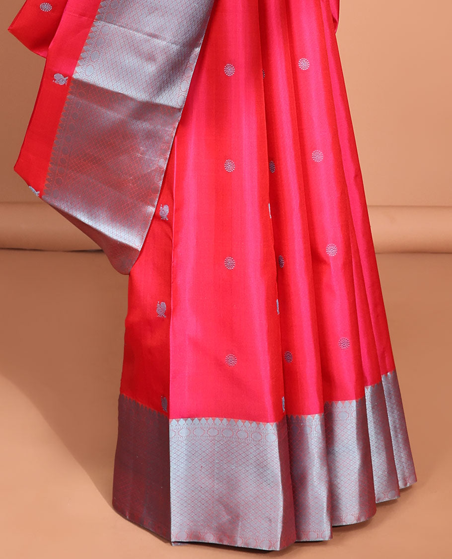 Pink buttas kancheepuram silk saree with contrast border of thilakam mokku, paun, kuyil kann design & zari design pallu