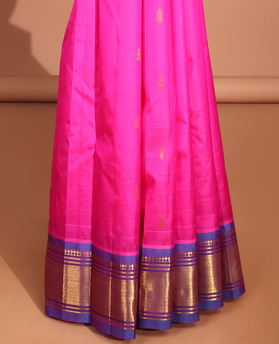 Pink floral buttas kancheepuram silk saree with contrast border of sombu, banaras , jaal designs & zari design pallu