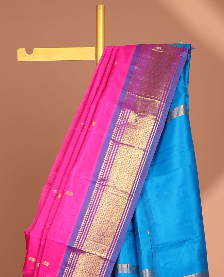 Pink floral buttas kancheepuram silk saree with contrast border of sombu, banaras , jaal designs & zari design pallu