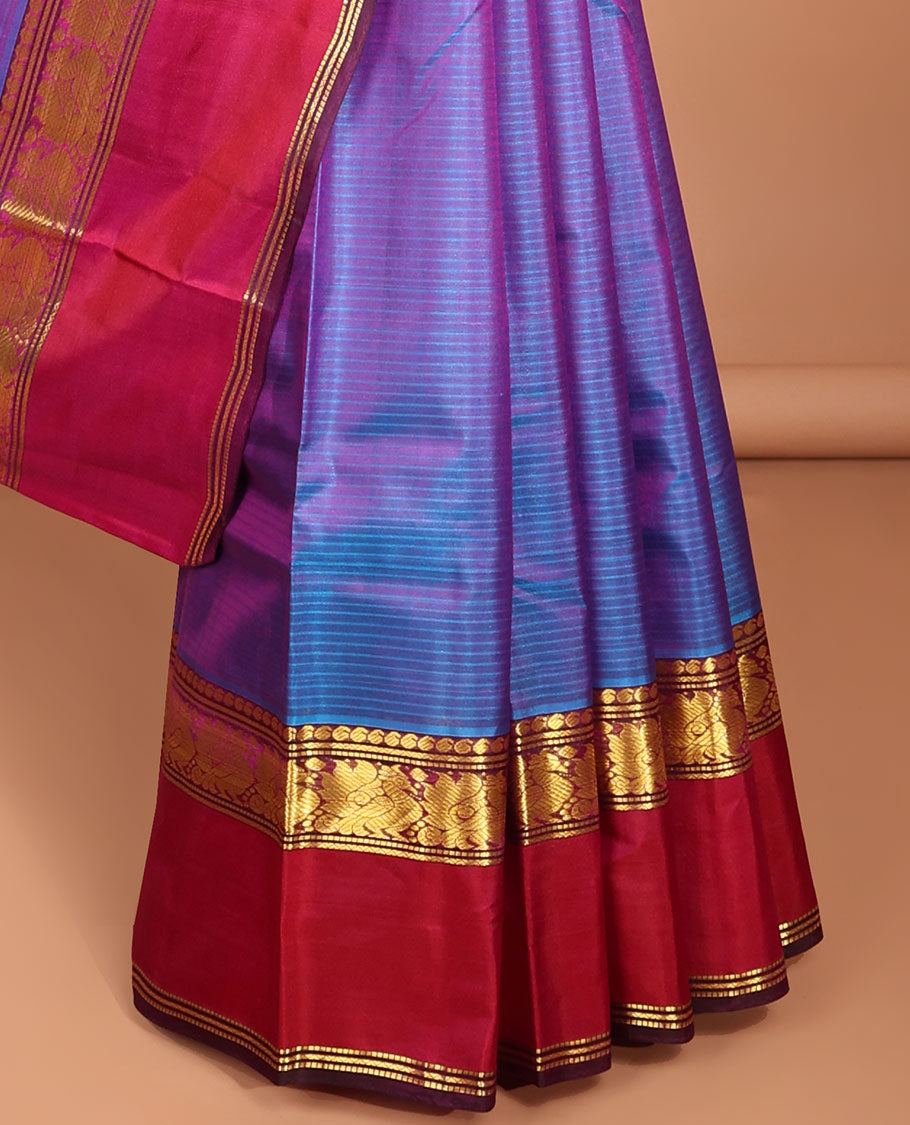 Purple striped kancheepuram silk saree with contrast border of intricate zari design & striped pallu