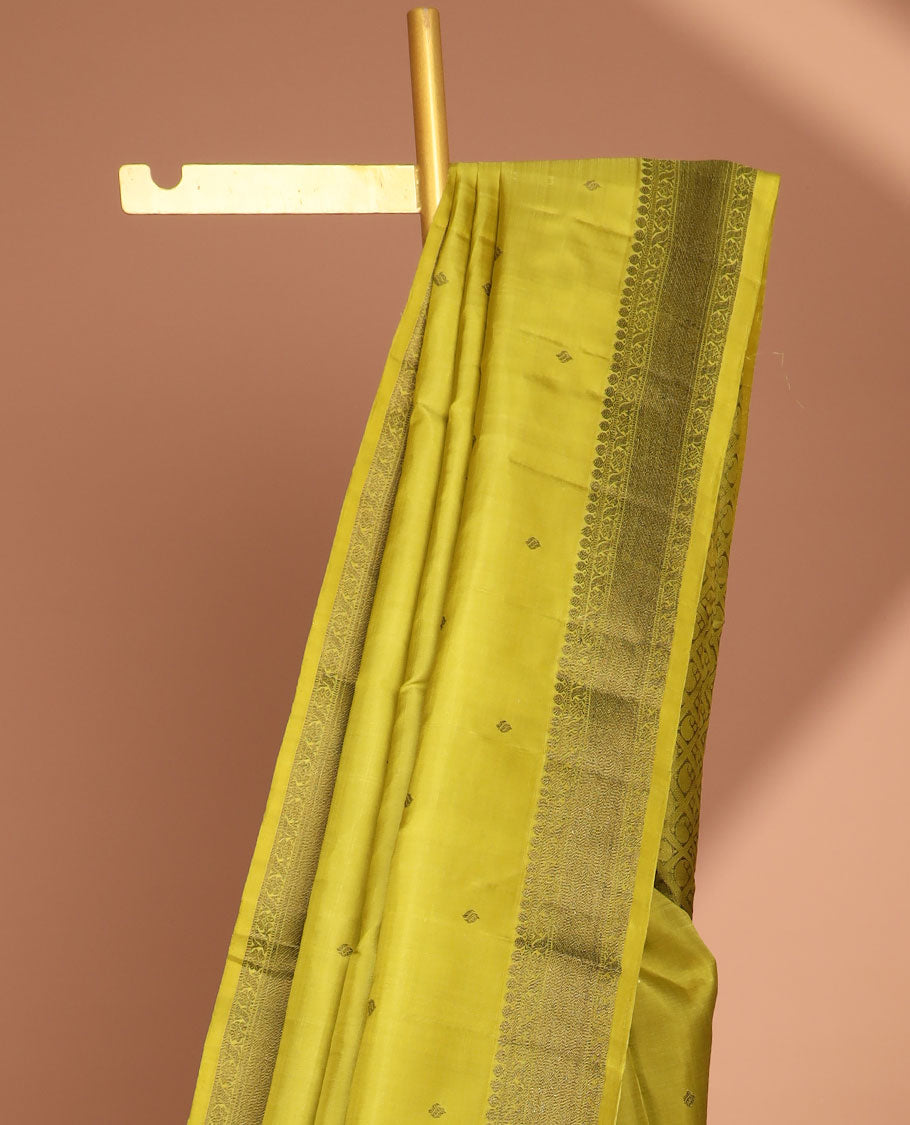 Green floral buttas kancheepuram silk saree with self border of thilakam mokku, muthu, banaras designs & zari design pallu