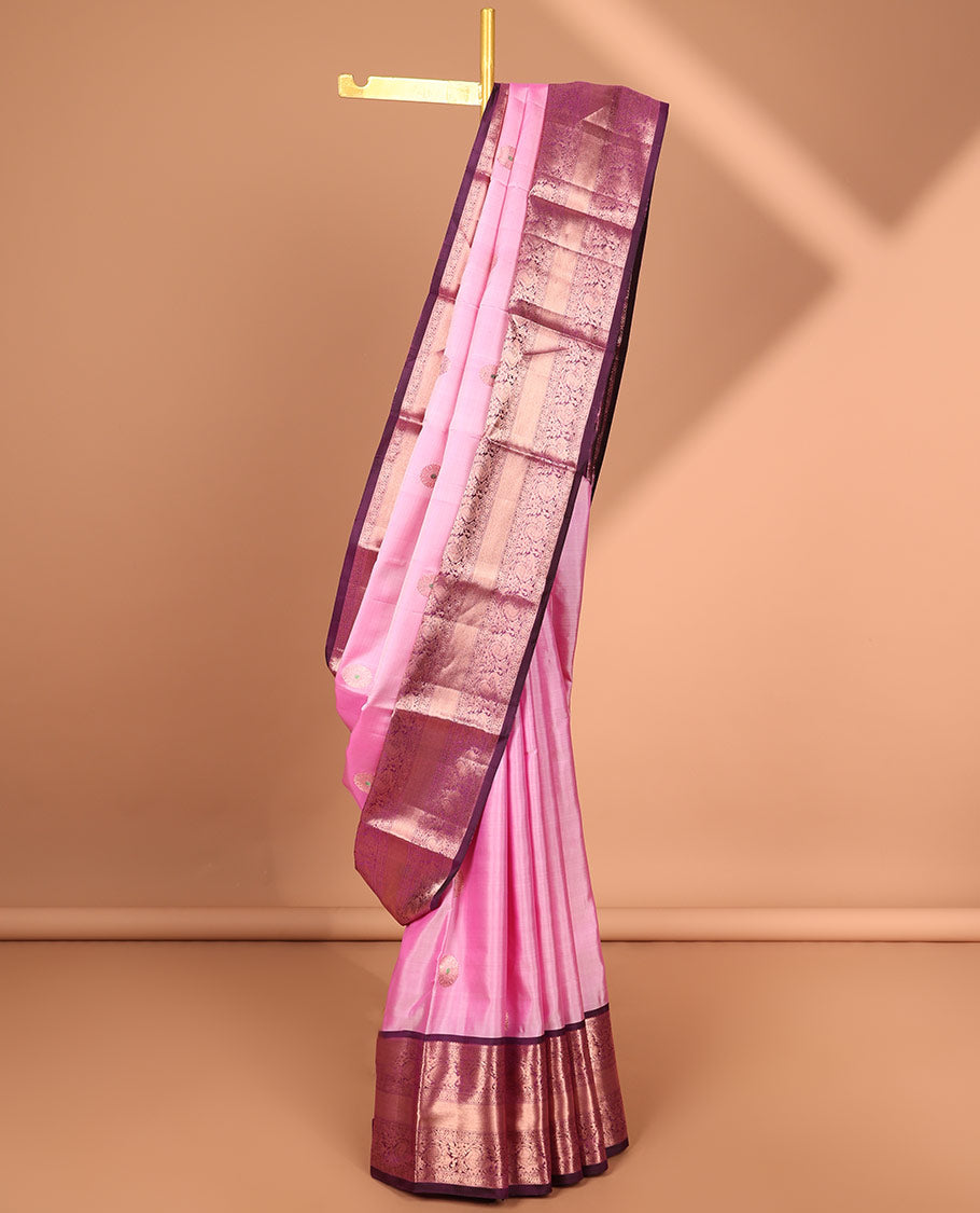 Pink round buttas kancheepuram silk saree with contrast intricate zari border & checked zari design pallu
