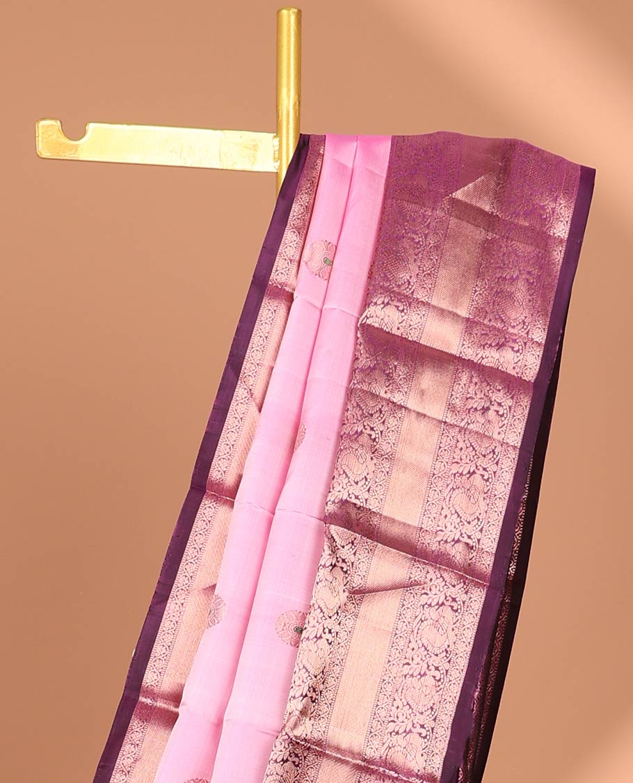 Pink round buttas kancheepuram silk saree with contrast intricate zari border & checked zari design pallu