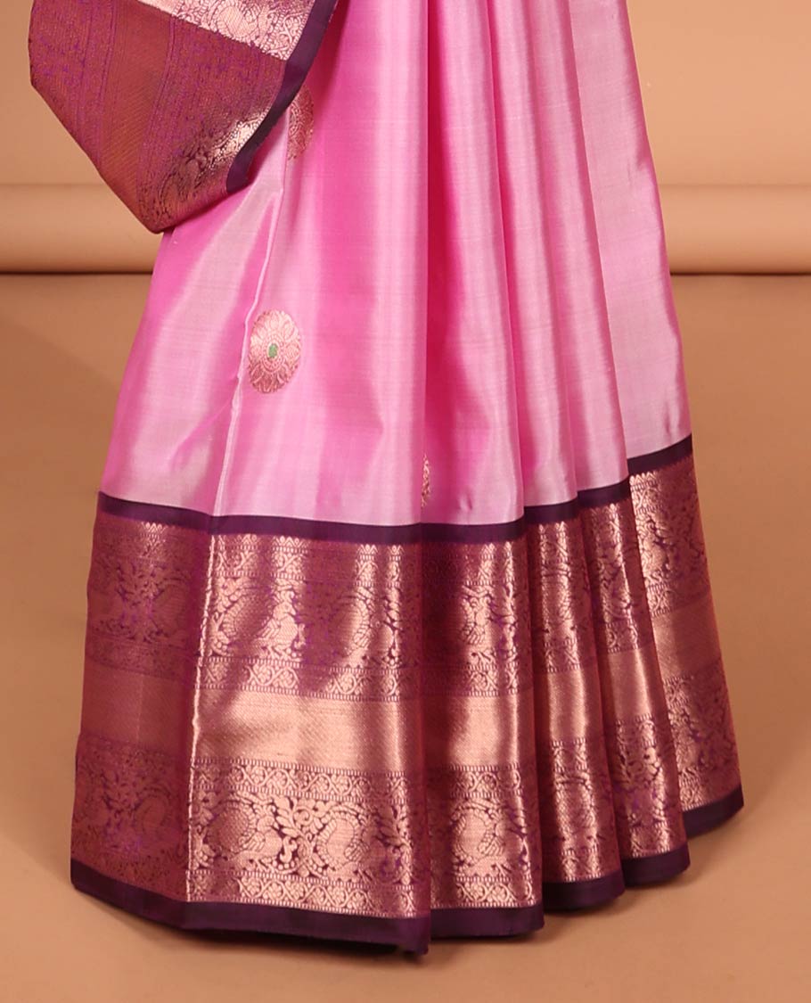 Pink round buttas kancheepuram silk saree with contrast intricate zari border & checked zari design pallu
