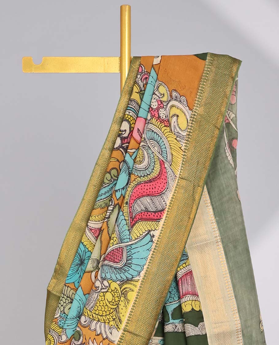 Mustard floral,peacock design handpainted pen kalamkari silk saree with contrast zari border & peacock design pallu