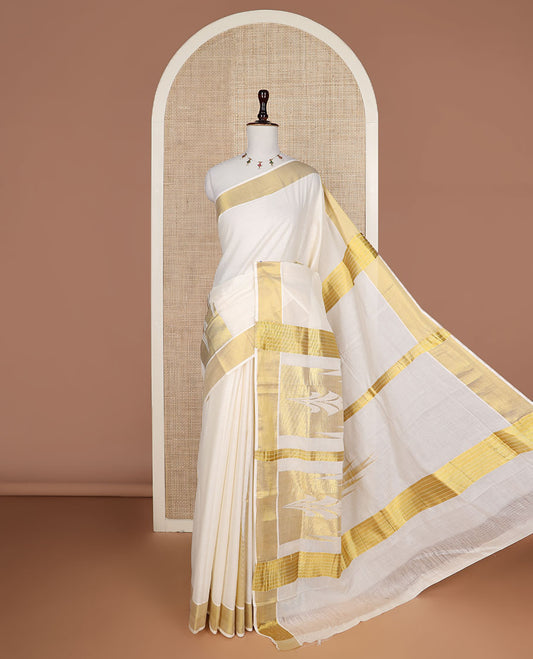Cream Temple zari design Kerala saree, zari border, and temple design pallu