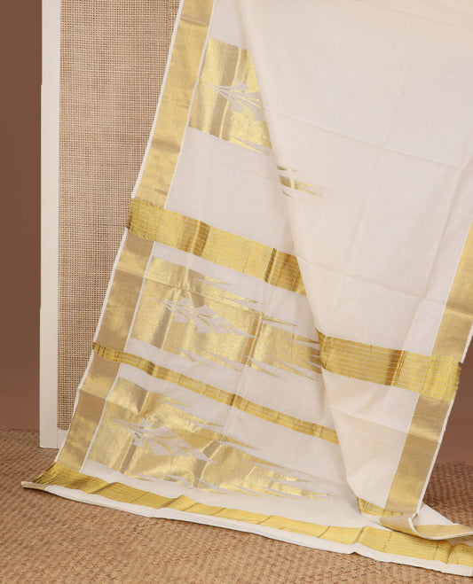 Cream Temple zari design Kerala saree, zari border, and temple design pallu