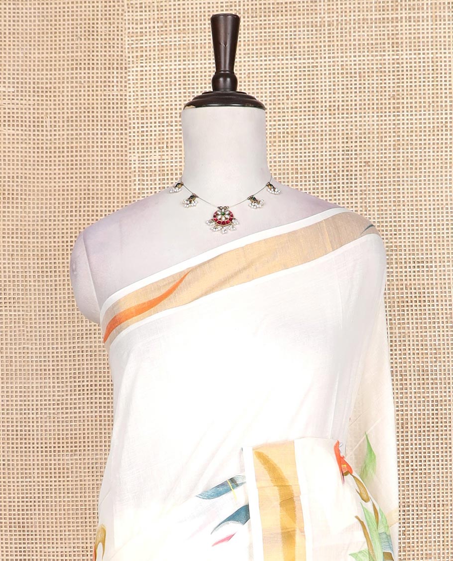 Cream hand brush painting Kerala cotton saree, zari and painting style border, and hand brush painting pallu