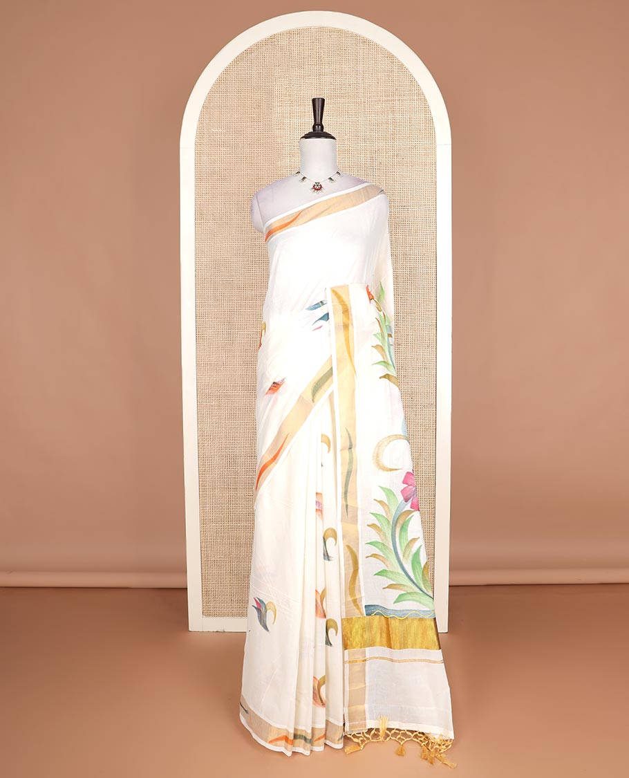Cream hand brush painting Kerala cotton saree, zari and painting style border, and hand brush painting pallu
