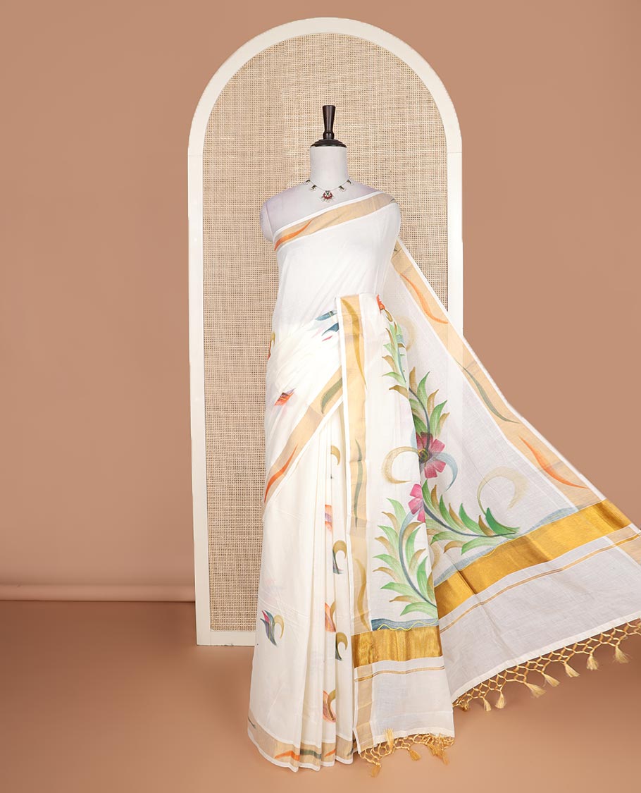 Cream hand brush painting Kerala cotton saree, zari and painting style border, and hand brush painting pallu