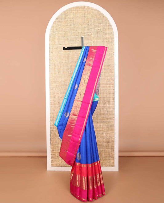 Blue round floral buttas kancheepuram silk saree with contrast ganga jamuna, korvai border of intricate zari design & vanki design pallu