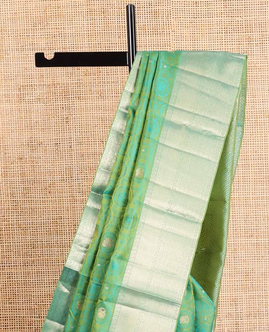 Green elephant, floral design kancheepuram silk saree with self intricate zari design border & geometric design pallu
