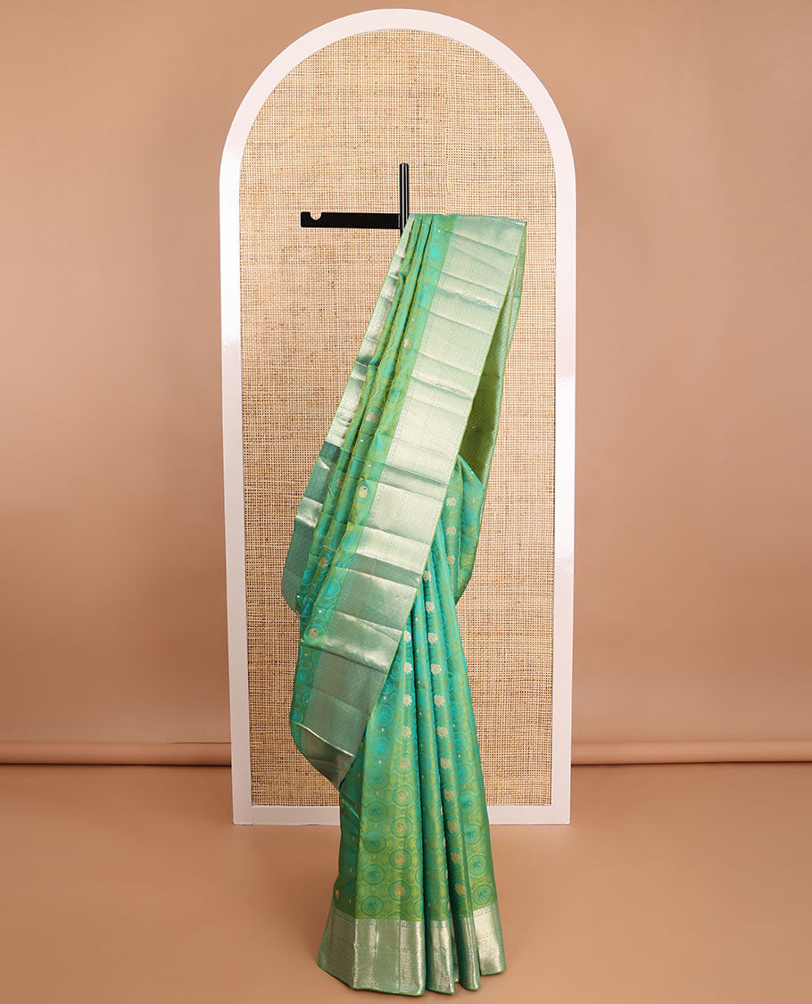 Green elephant, floral design kancheepuram silk saree with self intricate zari design border & geometric design pallu