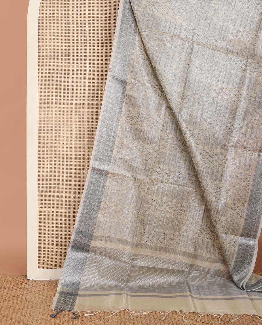 Pastel sandal floral-geometric fancy kota saree, floral vine design border & striped pallu