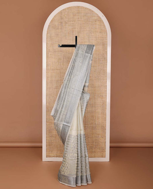 Pastel sandal floral-geometric fancy kota saree, floral vine design border & striped pallu