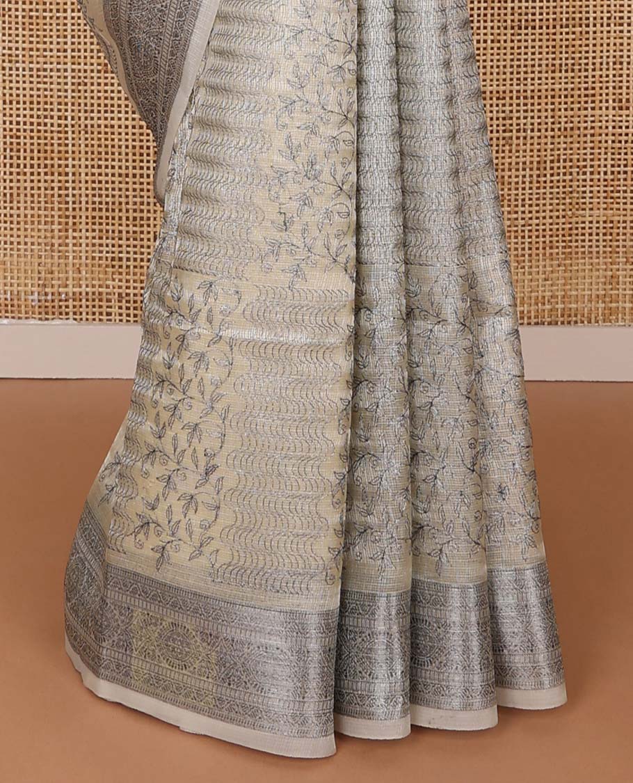 Pastel sandal floral-geometric fancy kota saree, floral vine design border & striped pallu