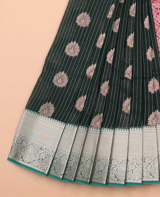 Battle green checked, leaf design kora cotton saree with contrast zari design border & floral jaal design pallu