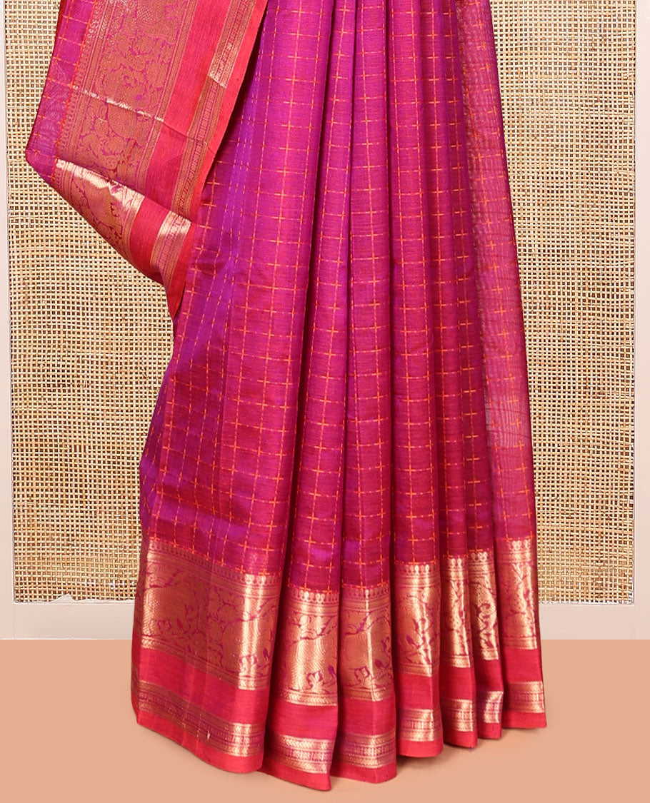 Pink Kuppadam Silk Saree, Embellished with Checks, a Contrast Peacock-Elephant Zari Border, Pallu of Lion Designs, and a Matching Blouse
