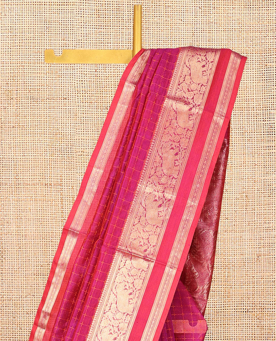 Pink Kuppadam Silk Saree, Embellished with Checks, a Contrast Peacock-Elephant Zari Border, Pallu of Lion Designs, and a Matching Blouse