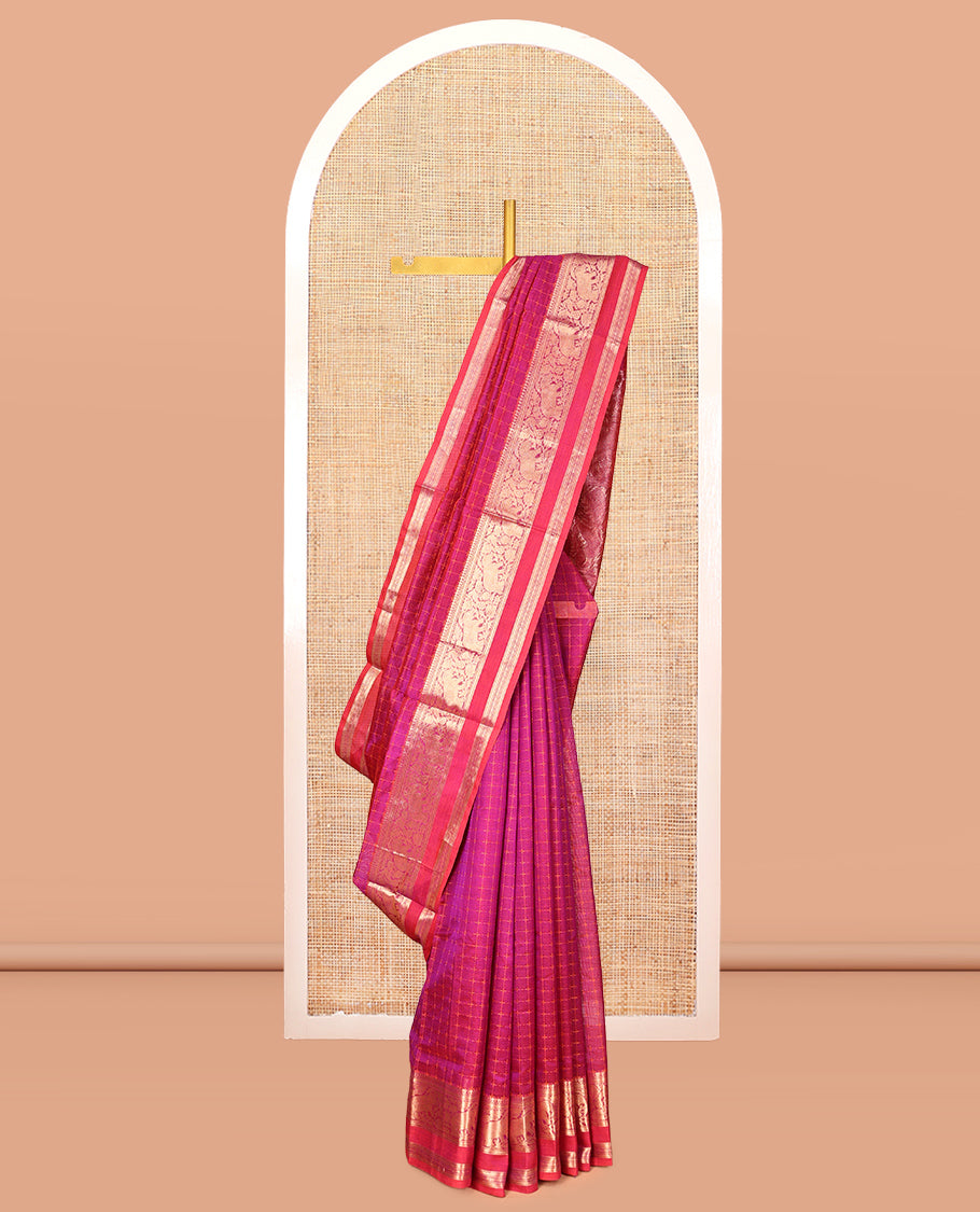 Pink Kuppadam Silk Saree, Embellished with Checks, a Contrast Peacock-Elephant Zari Border, Pallu of Lion Designs, and a Matching Blouse