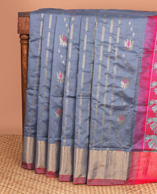 Grey kuppadam silk saree with peacock buttas, plain border & contrast pallu of floral designs