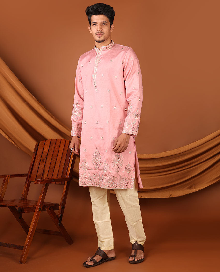 Pink Floral-Themed Mixed Embroidered Full-Sleeved Men's Kurta Set
