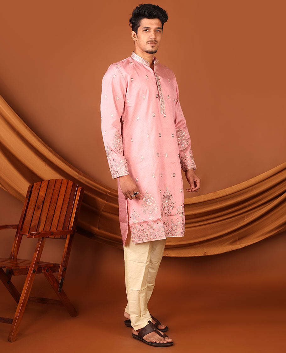 Pink Floral-Themed Mixed Embroidered Full-Sleeved Men's Kurta Set
