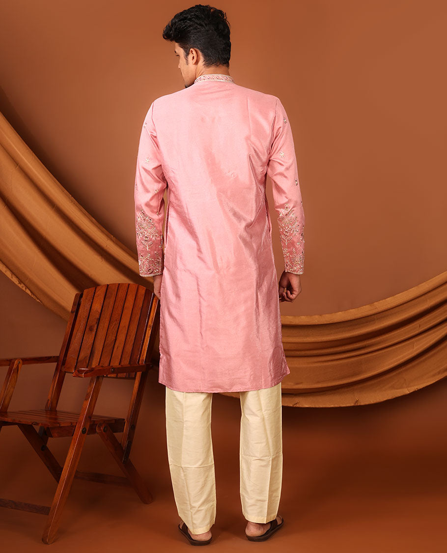 Pink Floral-Themed Mixed Embroidered Full-Sleeved Men's Kurta Set