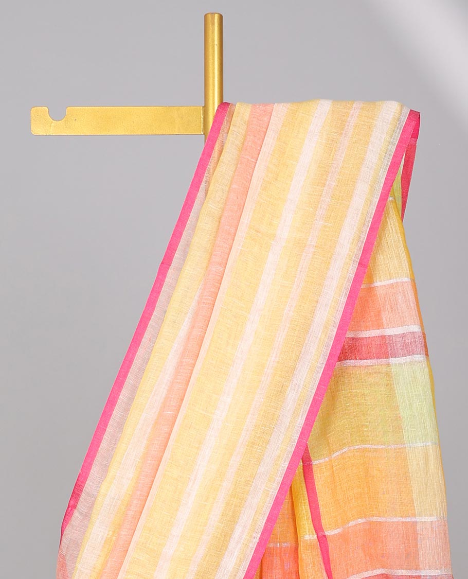 Bordeless multi-color striped linencotton saree with striped pallu