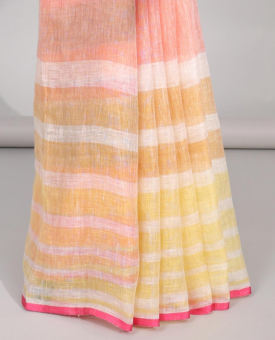 Bordeless multi-color striped linencotton saree with striped pallu
