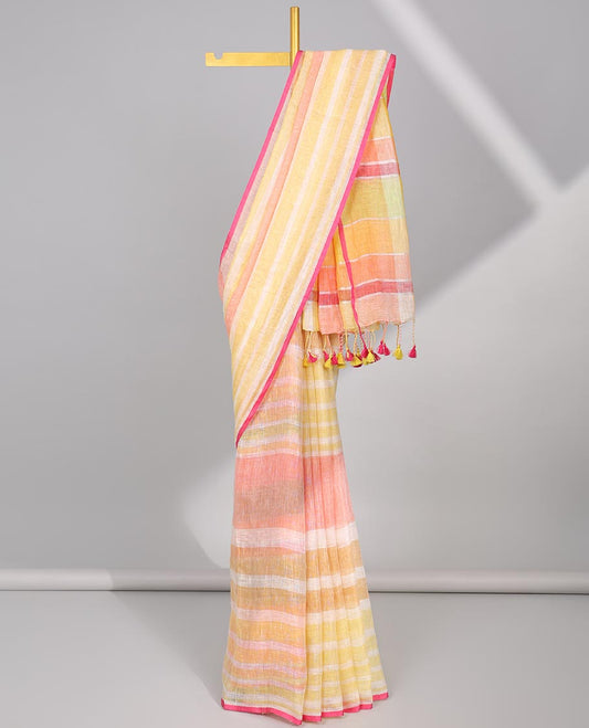 Bordeless multi-color striped linencotton saree with striped pallu