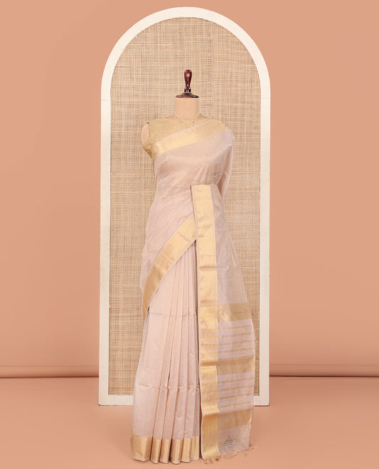Light Sandal Maheshwari Cotton Saree, Sparsely Woven with Stripes All Over Its Body, Highlighted by Zari Bavanji Border, Pallu Steeped with Zari Stripes, and Paired with a Matching Blouse