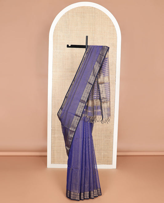 Blue striped maheswari cotton saree with self zari design border & striped pallu