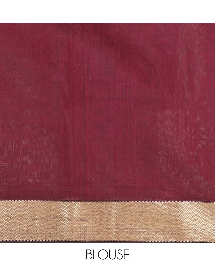 Maroon Maheshwari Cotton Saree Beautified with Floral Buttas, Highlighted with a Chevron Striped Zari Border, Pallu Steeped with Zari Stripes and Chevron Stripes, and Paired with a Matching Blouse