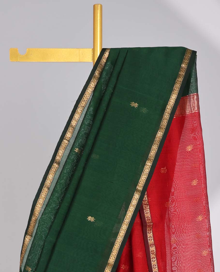 Green floral motifs maheswari cotton saree with contrast zari border & floral motifs pallu