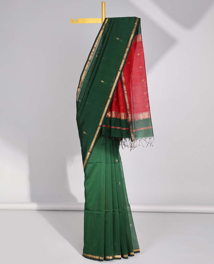 Green floral motifs maheswari cotton saree with contrast zari border & floral motifs pallu