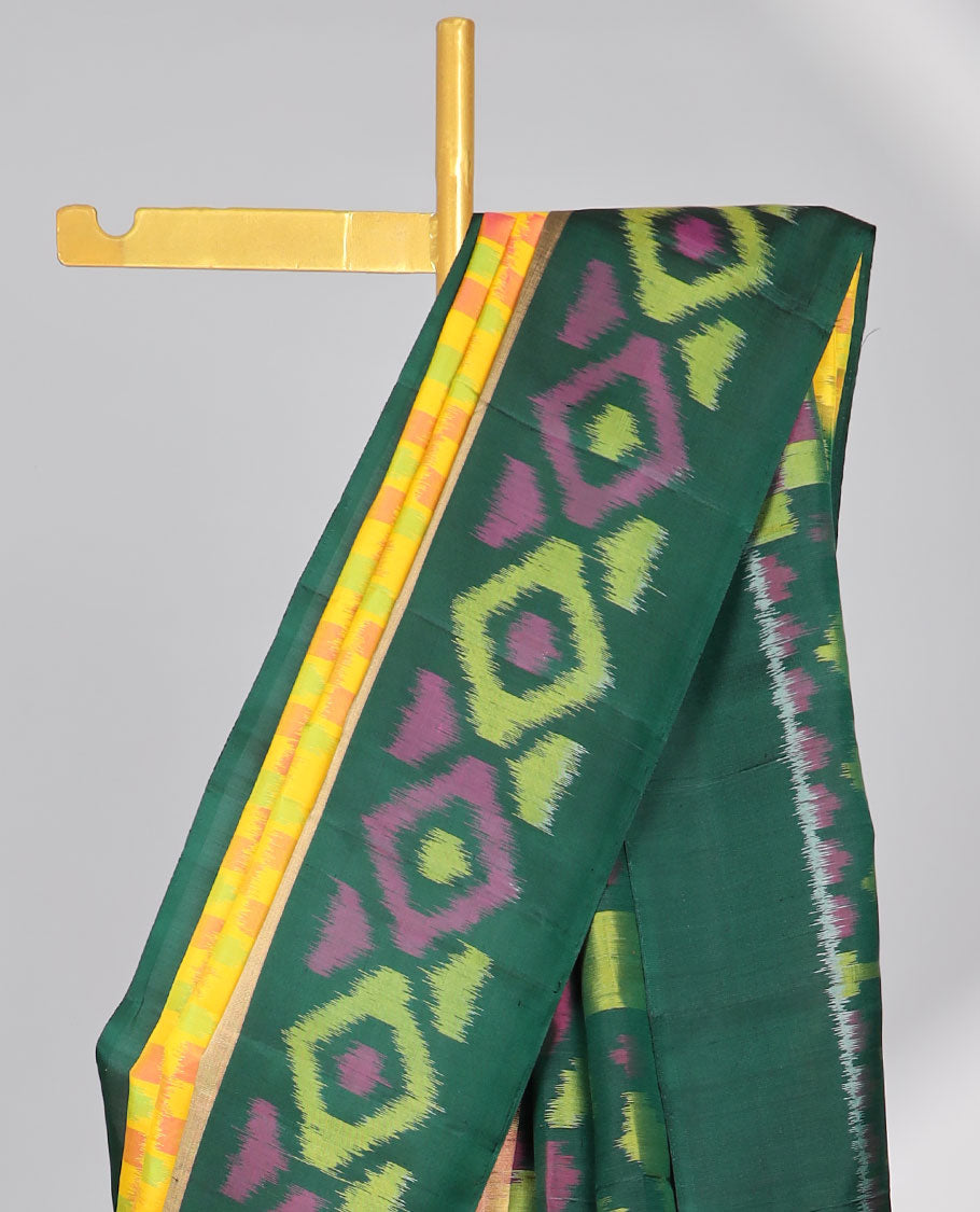 Multi-color checked design soft silk saree with contrast ikkat style border & ikkat style floral design pallu