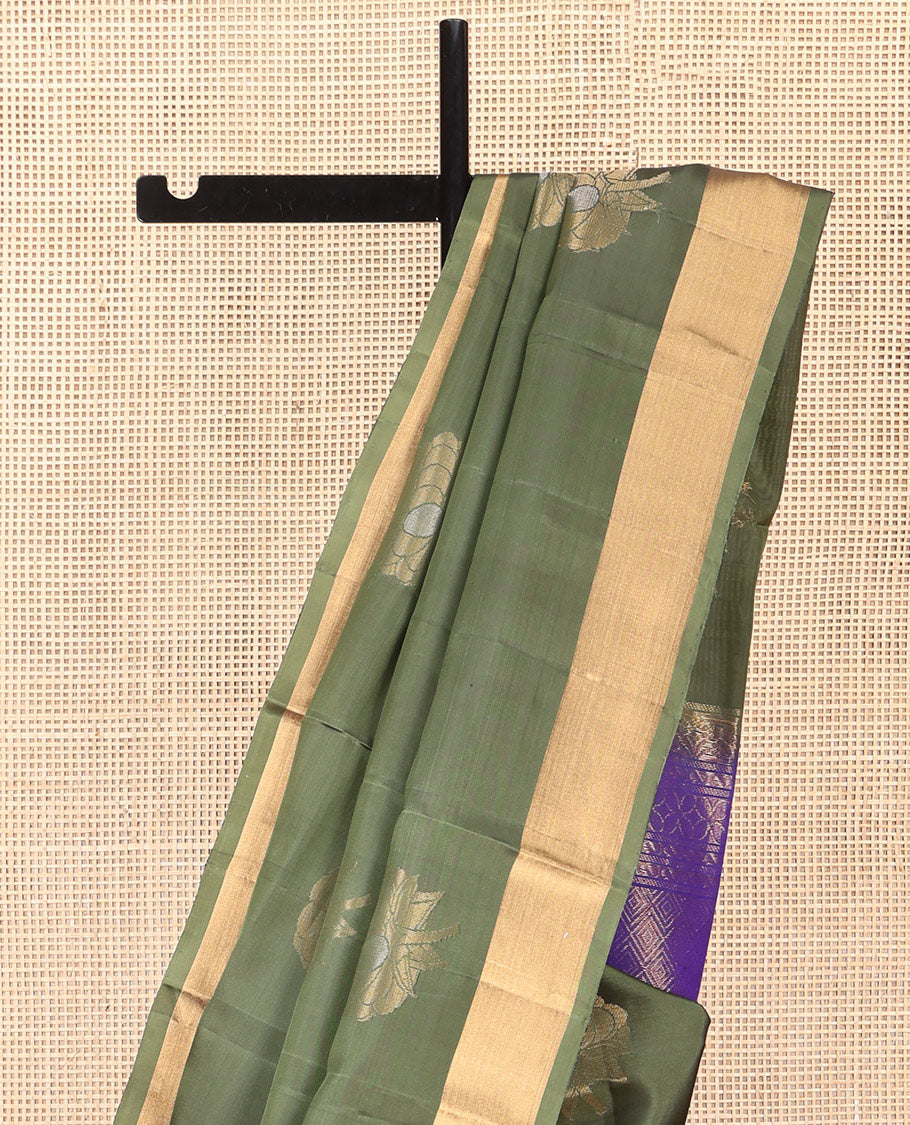 Green Mayuri Lite Silk Mix Saree, Gleamed Up with Zari Buttas, a Zari Border, Contrast Geometric Patterned Pallu, and a Contrast Blouse