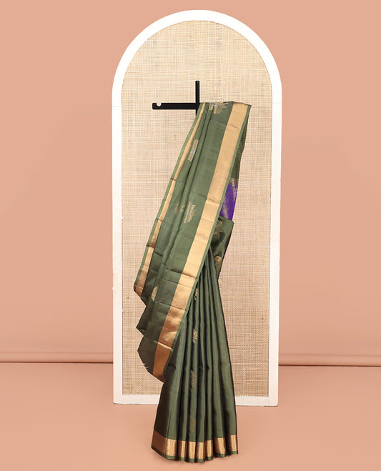 Green Mayuri Lite Silk Mix Saree, Gleamed Up with Zari Buttas, a Zari Border, Contrast Geometric Patterned Pallu, and a Contrast Blouse