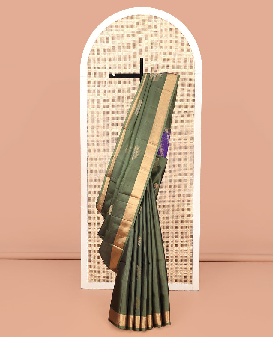 Green Mayuri Lite Silk Mix Saree, Gleamed Up with Zari Buttas, a Zari Border, Contrast Geometric Patterned Pallu, and a Contrast Blouse