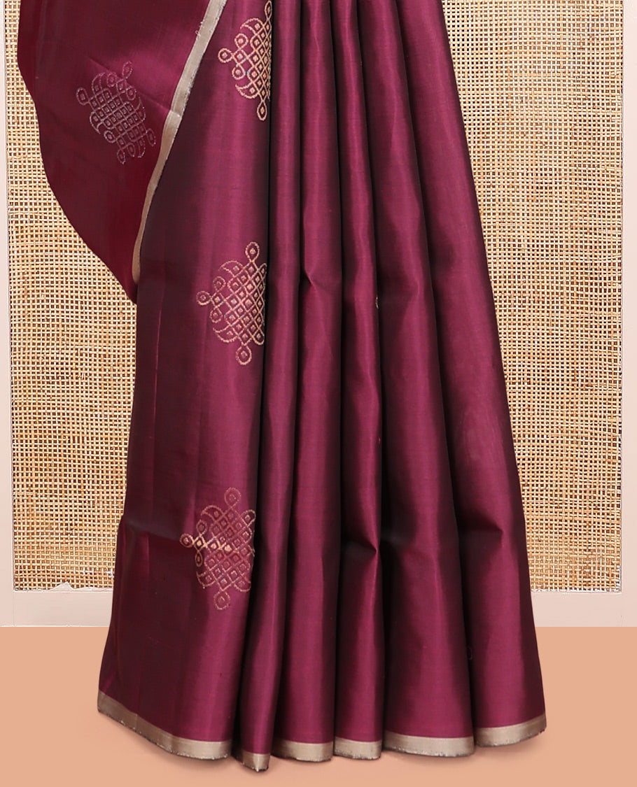 Borderless Magenta Mayuri Lite Silk Mix Saree, Embellished with Kolam Zari Buttas, a Contrast Kolam Pallu, and a Contrast Blouse