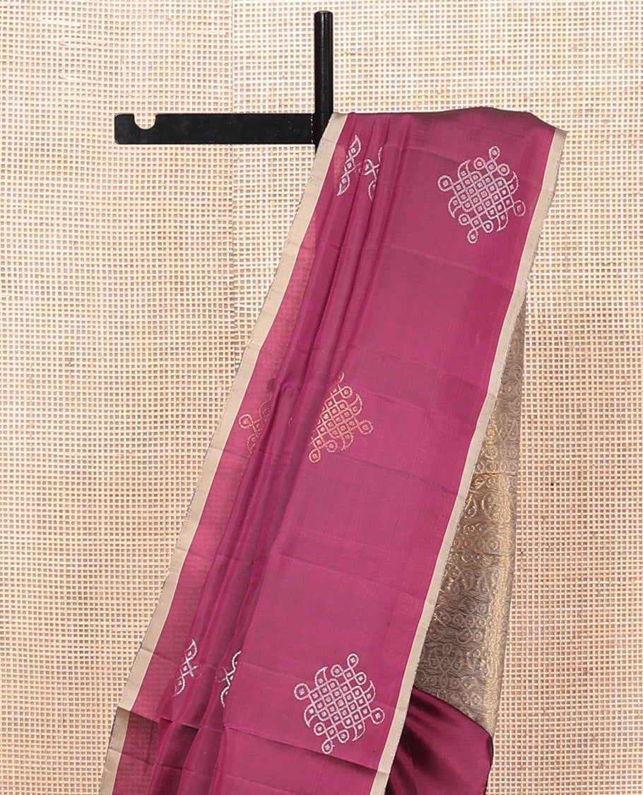 Borderless Magenta Mayuri Lite Silk Mix Saree, Embellished with Kolam Zari Buttas, a Contrast Kolam Pallu, and a Contrast Blouse