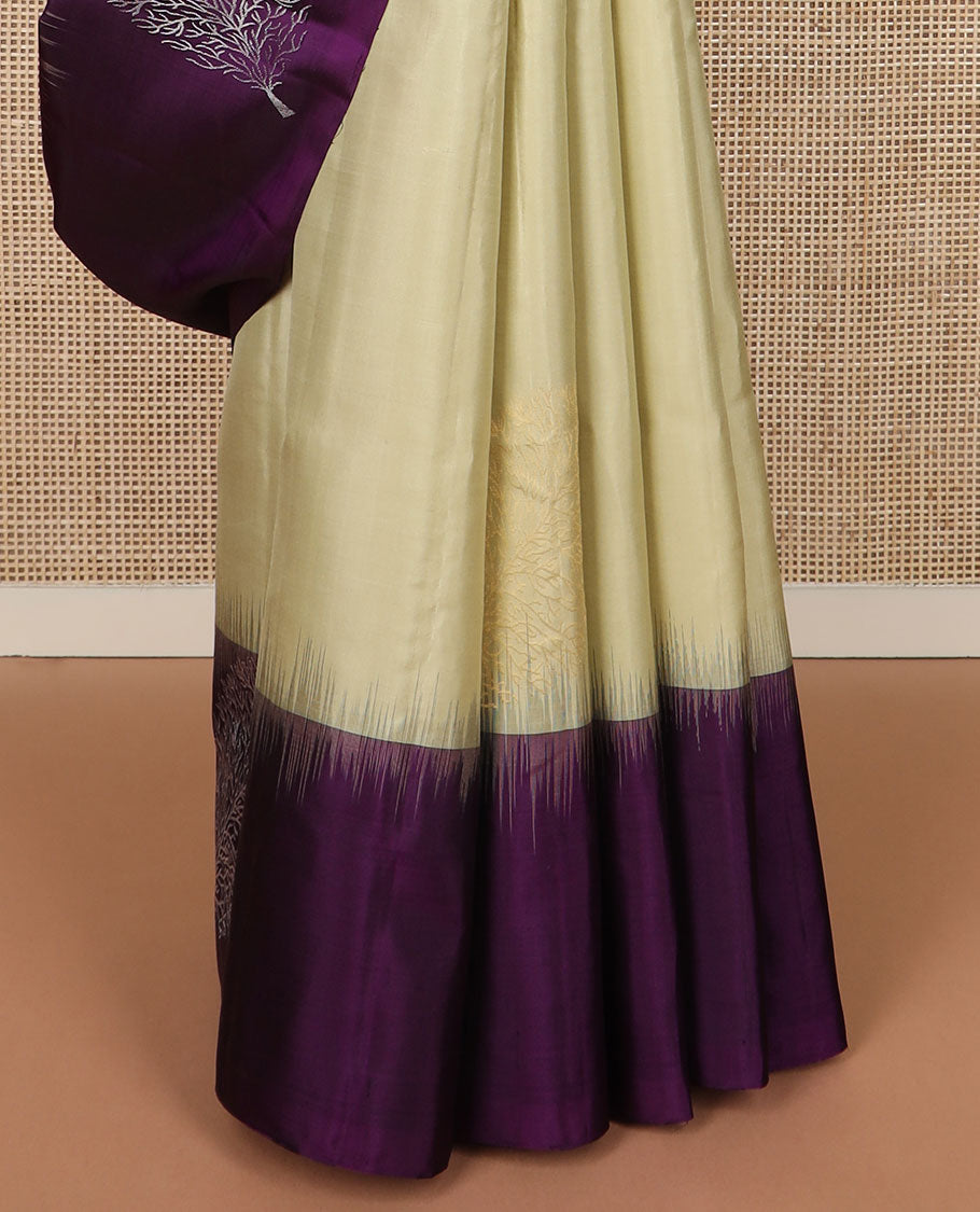 Sandal zari buttas soft silk saree, contrast leaf motif border & pallu of leaf designs